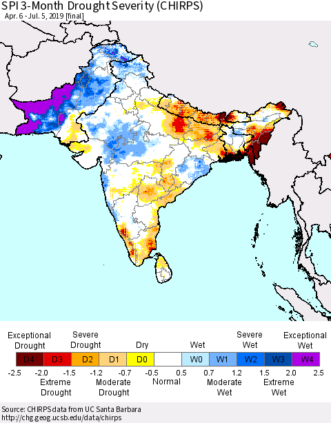 Southern Asia SPI 3-Month Drought Severity (CHIRPS) Thematic Map For 4/6/2019 - 7/5/2019