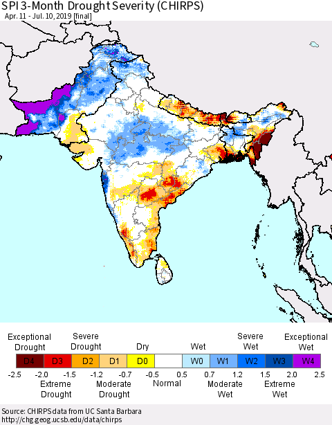 Southern Asia SPI 3-Month Drought Severity (CHIRPS) Thematic Map For 4/11/2019 - 7/10/2019
