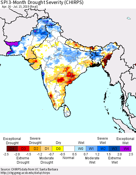 Southern Asia SPI 3-Month Drought Severity (CHIRPS) Thematic Map For 4/16/2019 - 7/15/2019