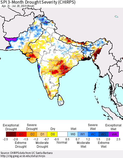 Southern Asia SPI 3-Month Drought Severity (CHIRPS) Thematic Map For 4/21/2019 - 7/20/2019