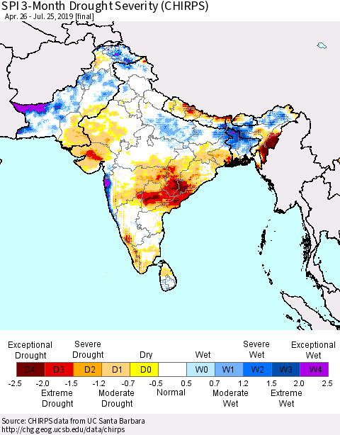 Southern Asia SPI 3-Month Drought Severity (CHIRPS) Thematic Map For 4/26/2019 - 7/25/2019
