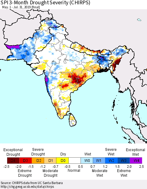 Southern Asia SPI 3-Month Drought Severity (CHIRPS) Thematic Map For 5/1/2019 - 7/31/2019