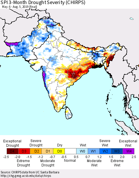 Southern Asia SPI 3-Month Drought Severity (CHIRPS) Thematic Map For 5/6/2019 - 8/5/2019