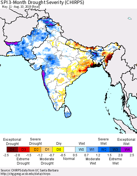 Southern Asia SPI 3-Month Drought Severity (CHIRPS) Thematic Map For 5/11/2019 - 8/10/2019
