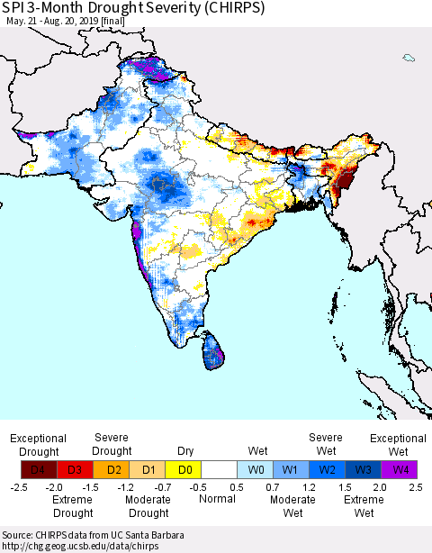 Southern Asia SPI 3-Month Drought Severity (CHIRPS) Thematic Map For 5/21/2019 - 8/20/2019