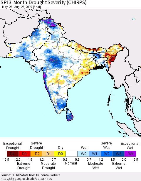 Southern Asia SPI 3-Month Drought Severity (CHIRPS) Thematic Map For 5/26/2019 - 8/25/2019