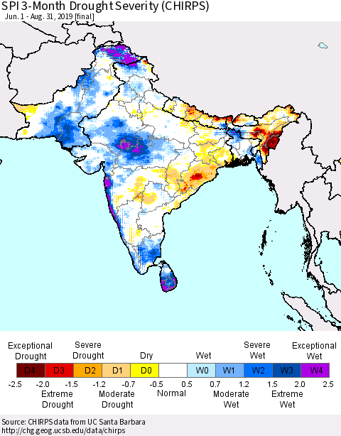 Southern Asia SPI 3-Month Drought Severity (CHIRPS) Thematic Map For 6/1/2019 - 8/31/2019
