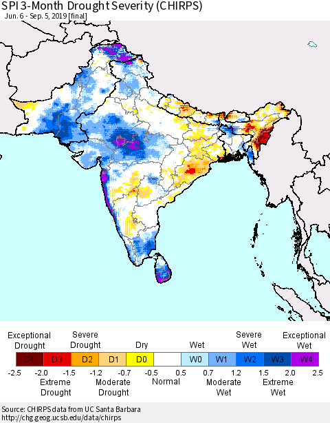 Southern Asia SPI 3-Month Drought Severity (CHIRPS) Thematic Map For 6/6/2019 - 9/5/2019