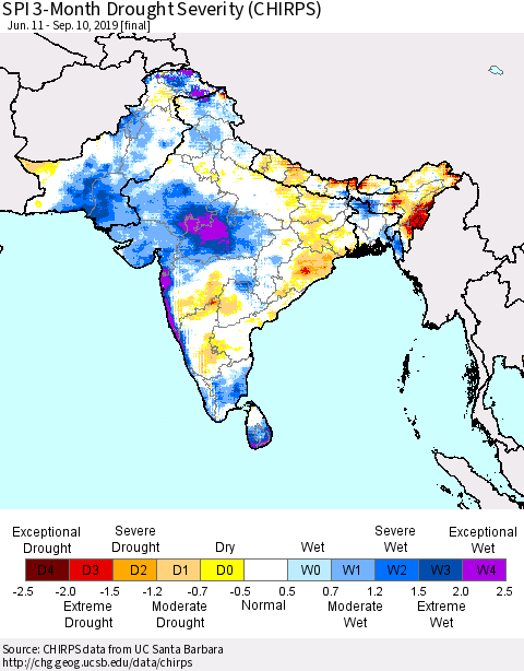 Southern Asia SPI 3-Month Drought Severity (CHIRPS) Thematic Map For 6/11/2019 - 9/10/2019