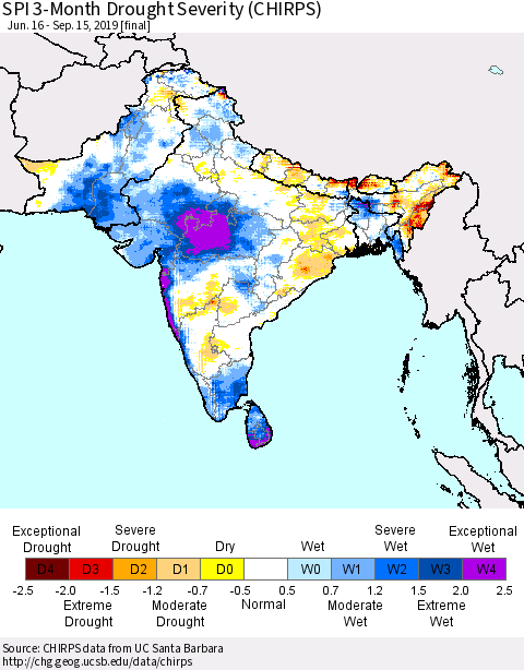 Southern Asia SPI 3-Month Drought Severity (CHIRPS) Thematic Map For 6/16/2019 - 9/15/2019