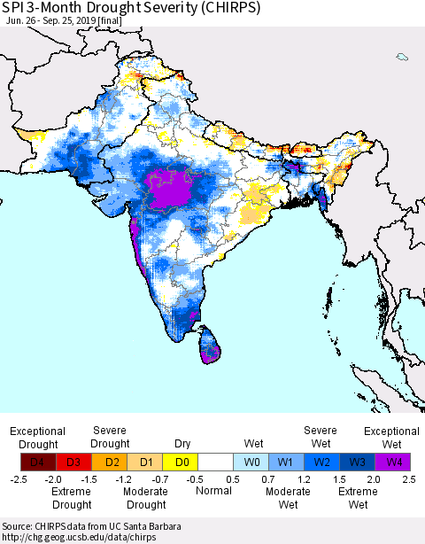 Southern Asia SPI 3-Month Drought Severity (CHIRPS) Thematic Map For 6/26/2019 - 9/25/2019