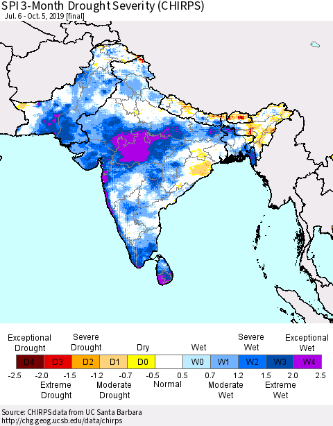 Southern Asia SPI 3-Month Drought Severity (CHIRPS) Thematic Map For 7/6/2019 - 10/5/2019