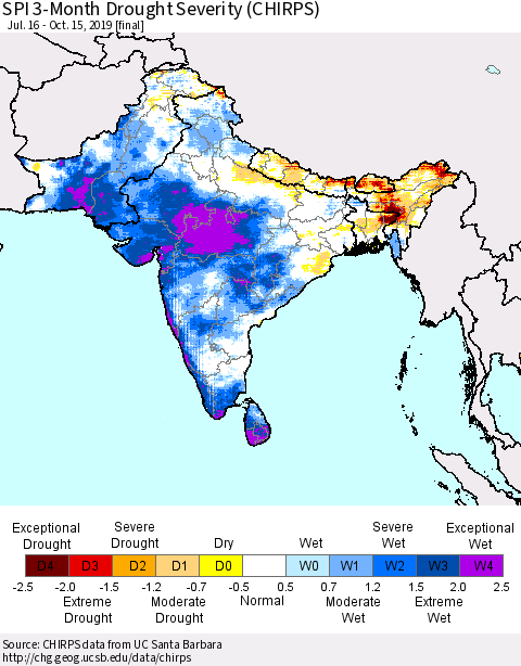 Southern Asia SPI 3-Month Drought Severity (CHIRPS) Thematic Map For 7/16/2019 - 10/15/2019