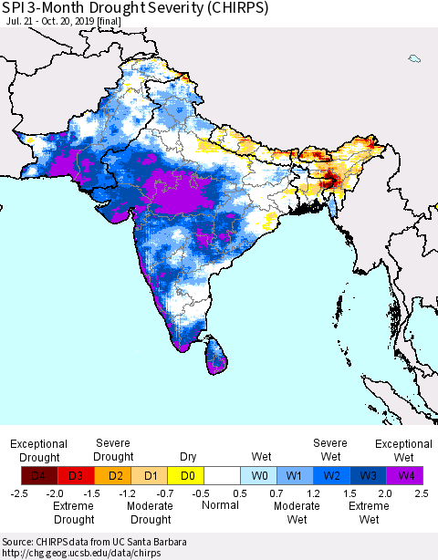 Southern Asia SPI 3-Month Drought Severity (CHIRPS) Thematic Map For 7/21/2019 - 10/20/2019