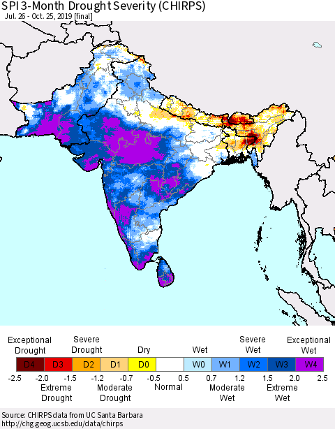 Southern Asia SPI 3-Month Drought Severity (CHIRPS) Thematic Map For 7/26/2019 - 10/25/2019