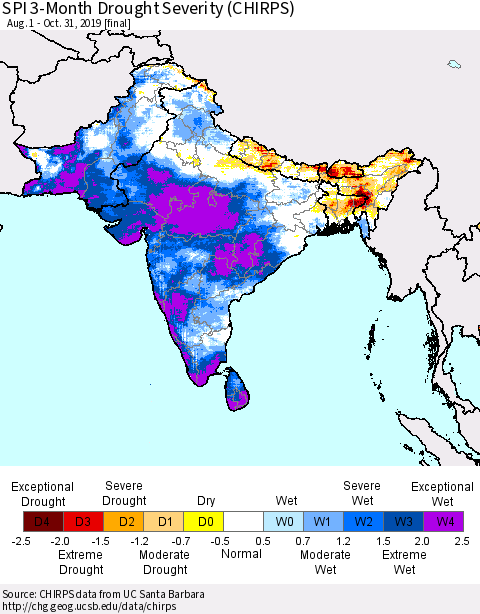 Southern Asia SPI 3-Month Drought Severity (CHIRPS) Thematic Map For 8/1/2019 - 10/31/2019