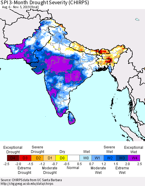 Southern Asia SPI 3-Month Drought Severity (CHIRPS) Thematic Map For 8/6/2019 - 11/5/2019
