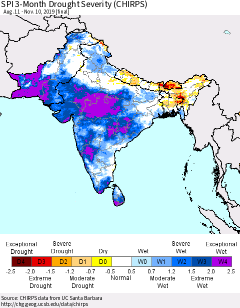 Southern Asia SPI 3-Month Drought Severity (CHIRPS) Thematic Map For 8/11/2019 - 11/10/2019