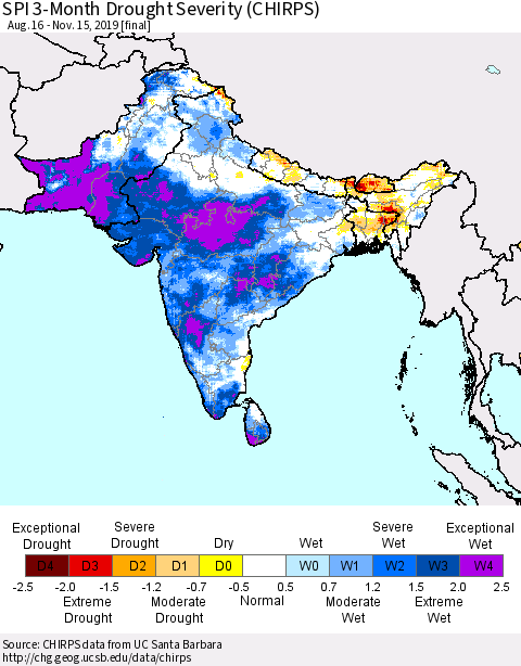 Southern Asia SPI 3-Month Drought Severity (CHIRPS) Thematic Map For 8/16/2019 - 11/15/2019