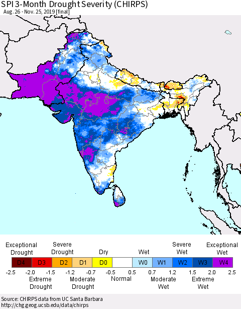 Southern Asia SPI 3-Month Drought Severity (CHIRPS) Thematic Map For 8/26/2019 - 11/25/2019