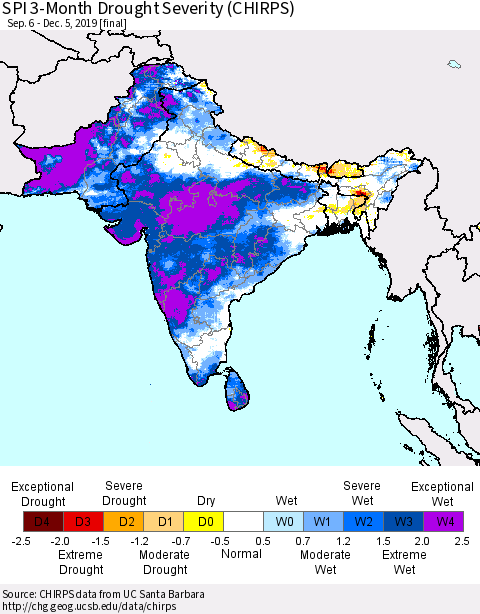 Southern Asia SPI 3-Month Drought Severity (CHIRPS) Thematic Map For 9/6/2019 - 12/5/2019