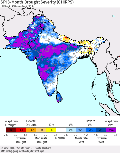 Southern Asia SPI 3-Month Drought Severity (CHIRPS) Thematic Map For 9/11/2019 - 12/10/2019