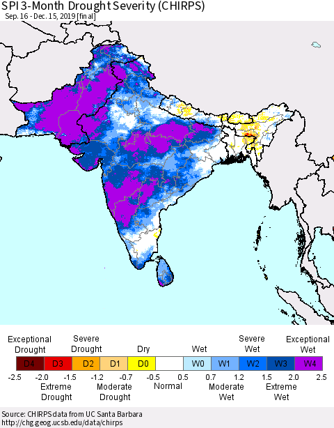 Southern Asia SPI 3-Month Drought Severity (CHIRPS) Thematic Map For 9/16/2019 - 12/15/2019