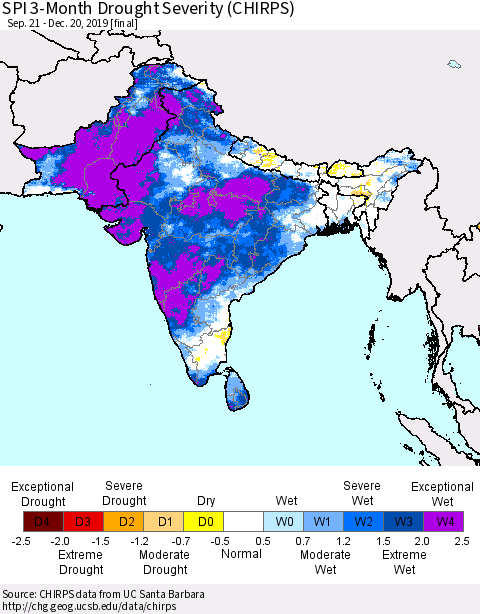 Southern Asia SPI 3-Month Drought Severity (CHIRPS) Thematic Map For 9/21/2019 - 12/20/2019