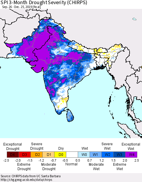 Southern Asia SPI 3-Month Drought Severity (CHIRPS) Thematic Map For 9/26/2019 - 12/25/2019