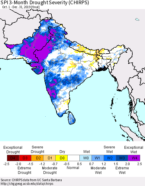 Southern Asia SPI 3-Month Drought Severity (CHIRPS) Thematic Map For 10/1/2019 - 12/31/2019
