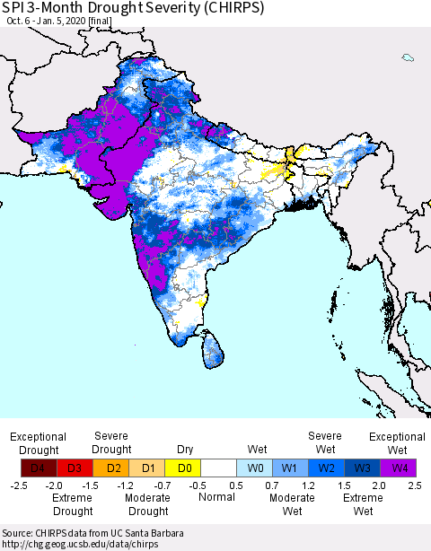 Southern Asia SPI 3-Month Drought Severity (CHIRPS) Thematic Map For 10/6/2019 - 1/5/2020