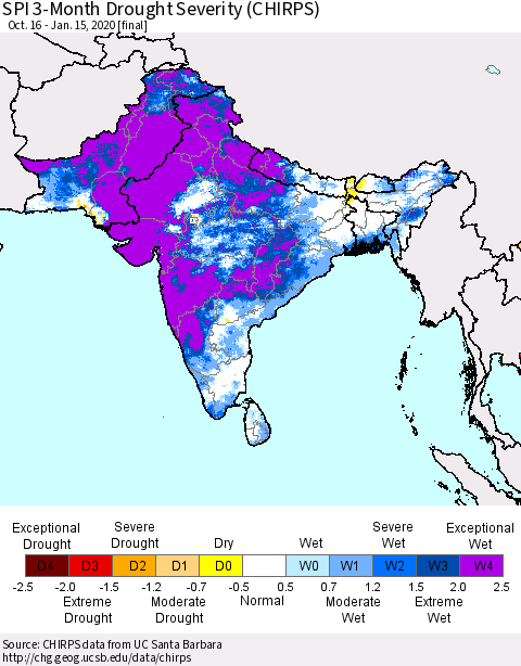 Southern Asia SPI 3-Month Drought Severity (CHIRPS) Thematic Map For 10/16/2019 - 1/15/2020