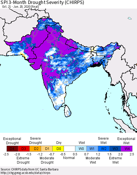Southern Asia SPI 3-Month Drought Severity (CHIRPS) Thematic Map For 10/21/2019 - 1/20/2020