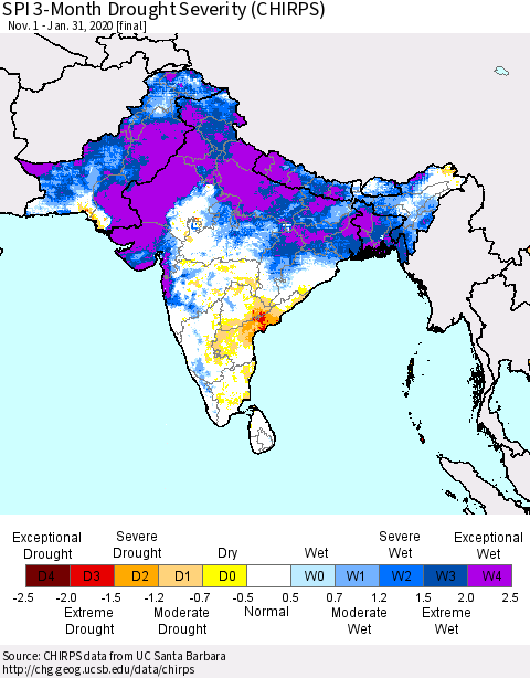 Southern Asia SPI 3-Month Drought Severity (CHIRPS) Thematic Map For 11/1/2019 - 1/31/2020