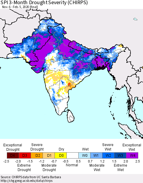 Southern Asia SPI 3-Month Drought Severity (CHIRPS) Thematic Map For 11/6/2019 - 2/5/2020
