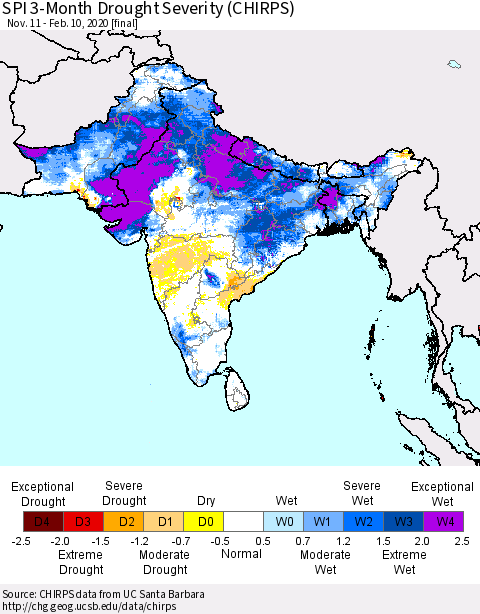 Southern Asia SPI 3-Month Drought Severity (CHIRPS) Thematic Map For 11/11/2019 - 2/10/2020