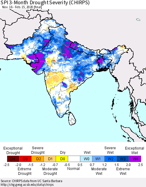 Southern Asia SPI 3-Month Drought Severity (CHIRPS) Thematic Map For 11/16/2019 - 2/15/2020
