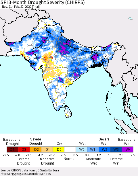 Southern Asia SPI 3-Month Drought Severity (CHIRPS) Thematic Map For 11/21/2019 - 2/20/2020
