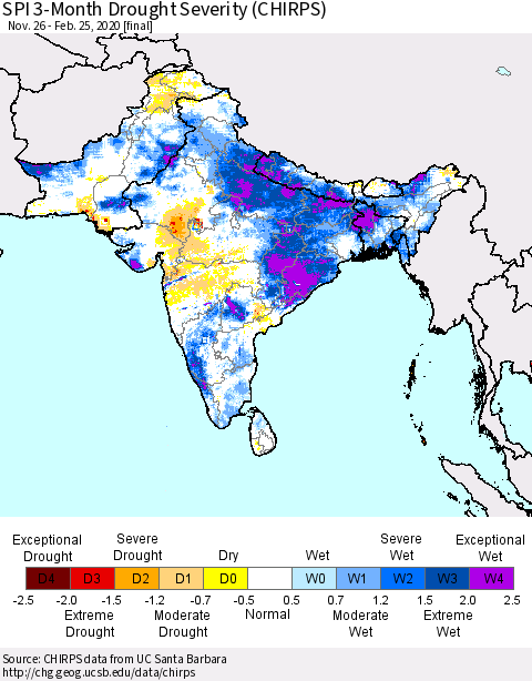 Southern Asia SPI 3-Month Drought Severity (CHIRPS) Thematic Map For 11/26/2019 - 2/25/2020