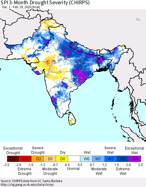 Southern Asia SPI 3-Month Drought Severity (CHIRPS) Thematic Map For 12/1/2019 - 2/29/2020