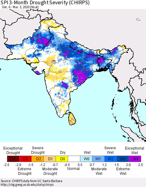 Southern Asia SPI 3-Month Drought Severity (CHIRPS) Thematic Map For 12/6/2019 - 3/5/2020
