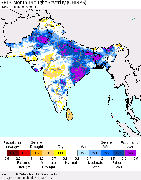 Southern Asia SPI 3-Month Drought Severity (CHIRPS) Thematic Map For 12/11/2019 - 3/10/2020