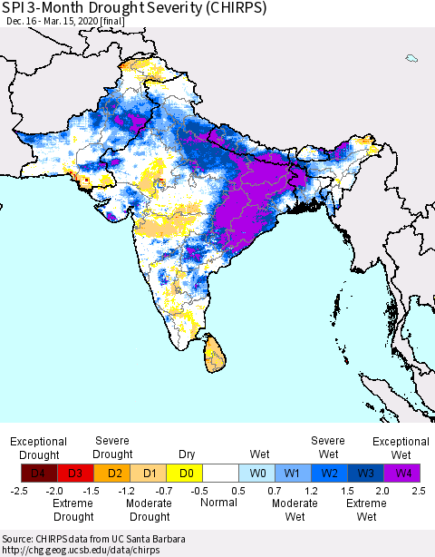 Southern Asia SPI 3-Month Drought Severity (CHIRPS) Thematic Map For 12/16/2019 - 3/15/2020
