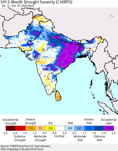 Southern Asia SPI 3-Month Drought Severity (CHIRPS) Thematic Map For 12/21/2019 - 3/20/2020