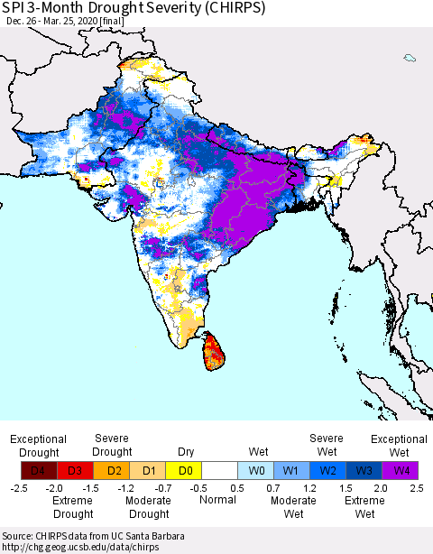 Southern Asia SPI 3-Month Drought Severity (CHIRPS) Thematic Map For 12/26/2019 - 3/25/2020