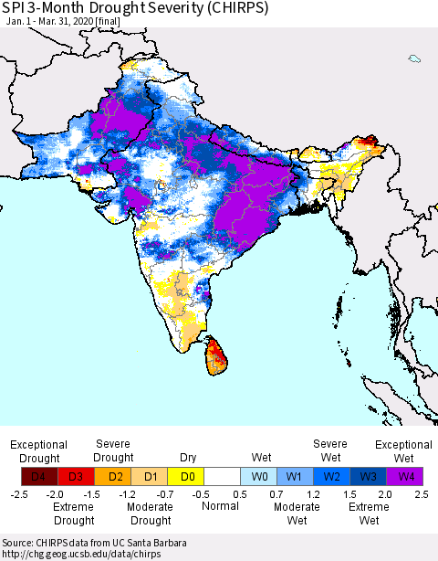 Southern Asia SPI 3-Month Drought Severity (CHIRPS) Thematic Map For 1/1/2020 - 3/31/2020