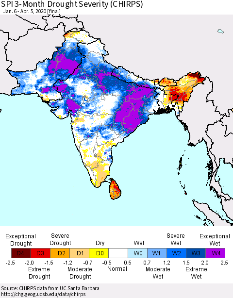 Southern Asia SPI 3-Month Drought Severity (CHIRPS) Thematic Map For 1/6/2020 - 4/5/2020