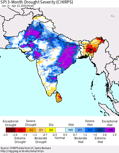 Southern Asia SPI 3-Month Drought Severity (CHIRPS) Thematic Map For 1/11/2020 - 4/10/2020