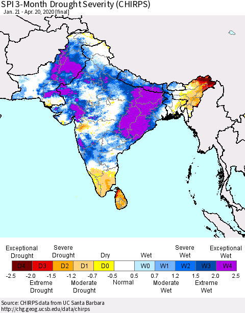 Southern Asia SPI 3-Month Drought Severity (CHIRPS) Thematic Map For 1/21/2020 - 4/20/2020