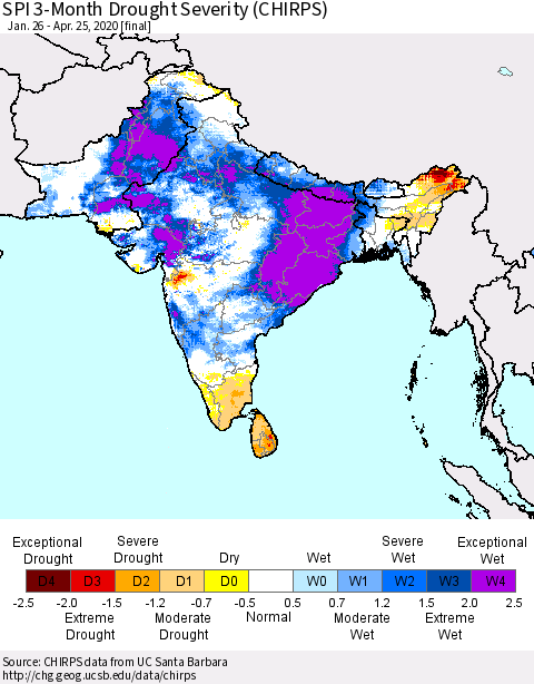 Southern Asia SPI 3-Month Drought Severity (CHIRPS) Thematic Map For 1/26/2020 - 4/25/2020